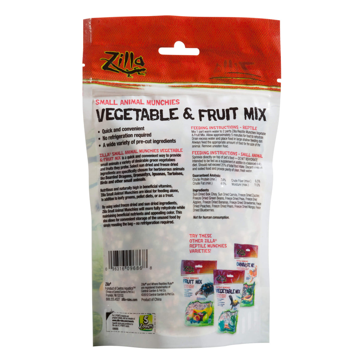 Zilla Reptile Munchies Vegetable and Fruit 4 ounces 5.875" x 2.75" x 9.5"